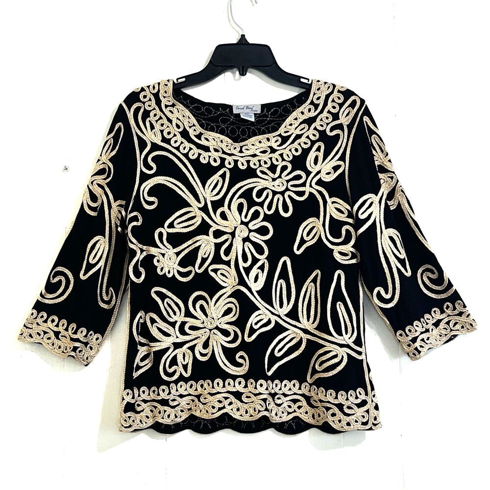 Coral Bay Top Flora Embroider Size XL Petites Black Tan Glitter Gold Blouse Top